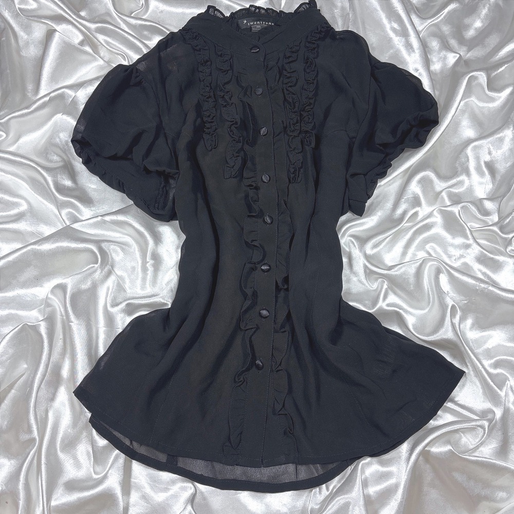 y2k Blouse Black Excellent Twentyone Ruffle Mock Neck Sheer Puff Sleeve Top